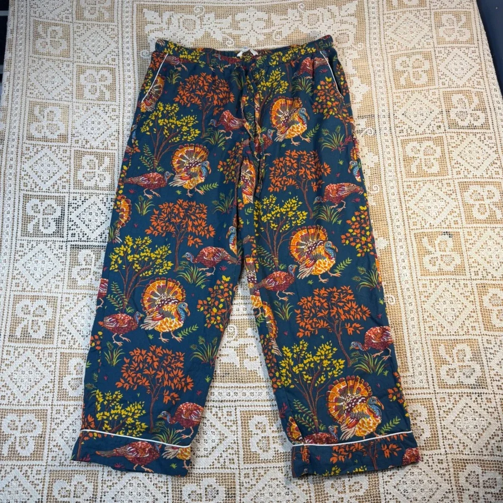 Printfresh Retired Turkey Print Pajama Pants Dark Blue Cotton Festive Feast Sz L